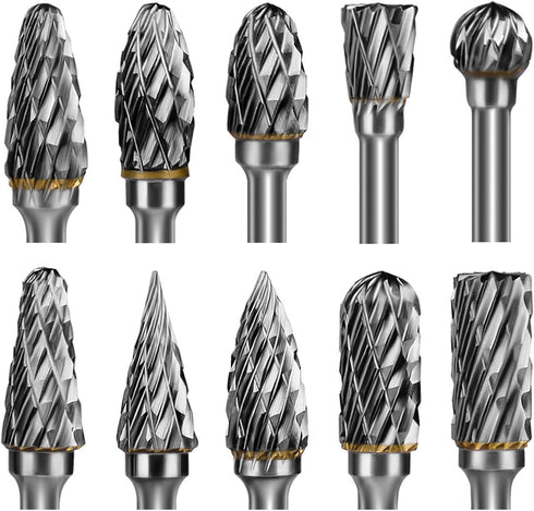 Carbide Burr Set Die Grinder Bits Rotary Tool Bits 1/8" Shank 10 PC Double Cut Wood Carving Accessories Cutting Burrs Metal Grinding Engraving Pol...