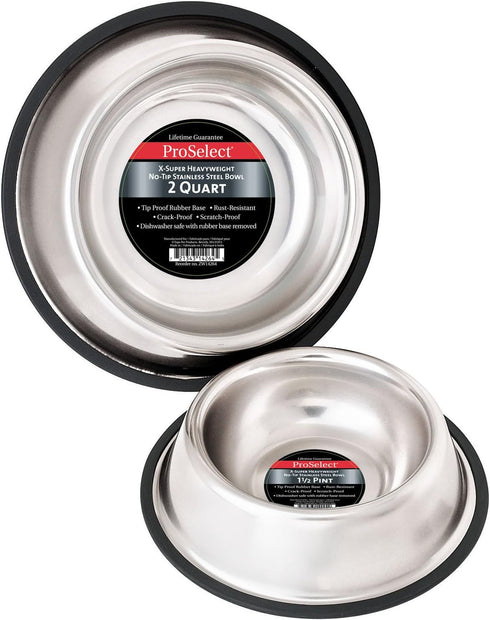 Proselect Stainless Steel X-Super Heavyweight Non-Tip Pet Bowl, 9-Inch, 3-Quart...