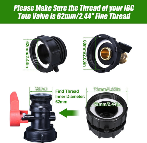 IBC Tote Adapter, 275-330 Gallon ibc tote fittings Hose Faucet Valve Tool with Ball Valve for Garden Hose Connector (2.44inch Fine Threads to 3/4i...
