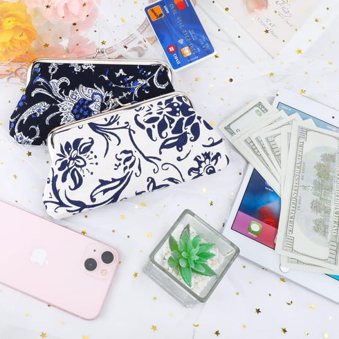 Oyachic 2 Packs Large Floral Coin Purses Canvas Cash Wallet Make Up Cellphone Bag Vintage Change Pouch Key Holder Kiss lock Clasp Clutch...