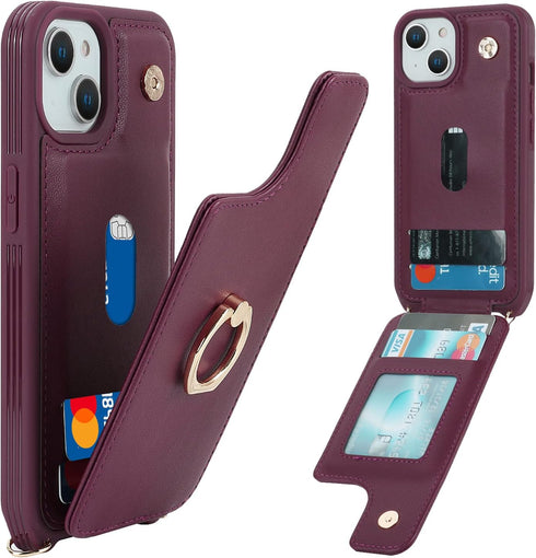for iPhone 15 Case with Card Holder and Strap for Women,Crossbody Lanyard,Stand Ring Kickstand,Snap Clasp,Phone Wallet Cases 6.1 inch(Wine Red)......