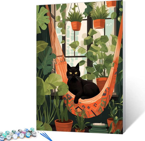 Cat and Pottings DIY Paint by Numbers for Adults Black Cat Laying on Hammock Surrounded by Green Plants DIY Oil Painting Acrylic Paint Art Graffit...