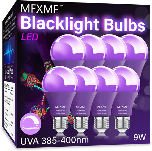 8 Pack A19 LED Black Light Bulbs,9W (100W Equivalent) E26 Base Dimmable Black Lights, UVA Level 385-400NM, Halloween Light Bulbs?Glow in The Dark?...