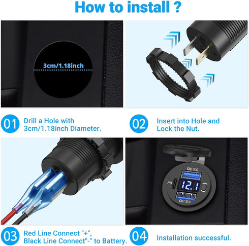 12V USB C Car Charger Socket 2 Pack: Dual Quick Charge 3.0 & PD USB C Car USB Ports 12 Volt USB Outlet with Voltmeter and Power Switch DIY Car Soc...