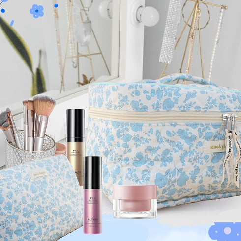 2 Pcs Cotton Quilted Makeup Bag Cute Floral Makeup Bag Large Coquette Aesthetic Cosmetic Bag Kawaii Toiletry Bag for Women Girls...