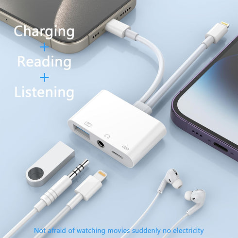 Multi Lightning + USB C to USB Adapter,3 in 1 USB OTG Adapter+3.5mm Audio Headphone Jack Adapter+Fast Charging Port, Phone Splitter Compatible wit...
