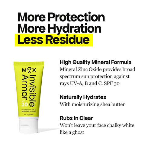 Mox Invisible Armor SPF 30 Sunscreen (2.0 oz) - Daily Mineral Zinc Oxide Sunscreen - Broad Spectrum Sun Protection - Goes On Easy - Rubs in Clear ...