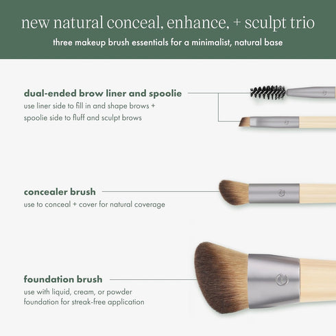 EcoTools New Natural Conceal, Enhance, & Sculpt Trio, Makeup Brushes For Foundation, Concealer, & Brows, Dense, Synthetic Bristles For Sculpting F...