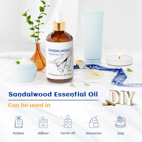 HIQILI Sandalwood Essential Oils, Long-Lasting Scent for Perfume, Diffuser, Soap Making & Candle- 3.38 Fl Oz...