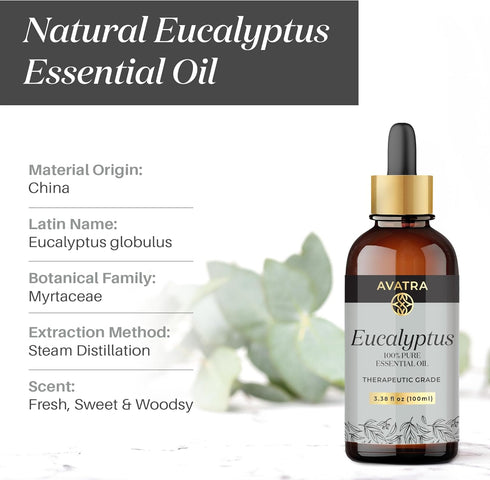 Avatra Eucalyptus Essential Oil, Pure & Natural Therapeutic Grade Essential Oil | for Clear Skin Strong Hair | Aromatherapy, Diffuser- 3.38 Fl Oz...