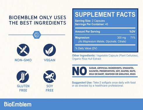 BioEmblem Triple Magnesium Complex | 300mg of Magnesium Glycinate, Malate, & Citrate for Muscles, Nerves, & Energy | High Absorption | Vegan, Non-...