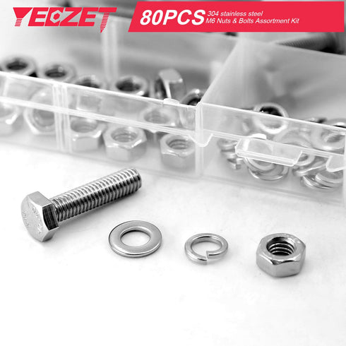 20Set M6 Stainless Steel Hex Head Screws Bolts and Nuts Flat & Lock Washers Assortment Kit, 304 Stainless Steel 18-8,Fully Machine Thread 25mm 40m...