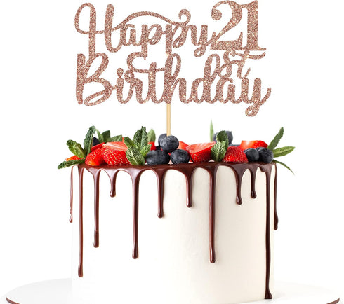Happy 21st Birthday Cake Topper, 21st Birthday/Anniversary Party Supplies, Cheers to Twenty-one Years Party Decoration - Rose Gold Glitter...