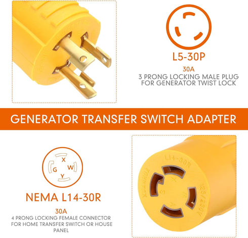 Generator Transfer Switch Adapter Compatible with NEMA L5-30P Male to L14-30R Female, 30 Amp 3 Prong to 4 Prong Locking Generator Adapter, Generat...