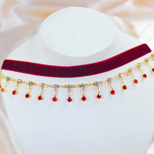 14K Gold Plated Ruby Red Layered Velvet Choker Necklace for Women Double Chain Indian Chokers Necklaces Goth Vampire Chocker Boho Chokers Statemen...