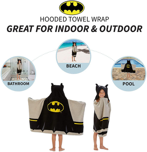 Batman Kids Soft Terry Cotton Bath / Beach / Pool Hooded Towel Wrap, 24 x 50", Black and Yellow...