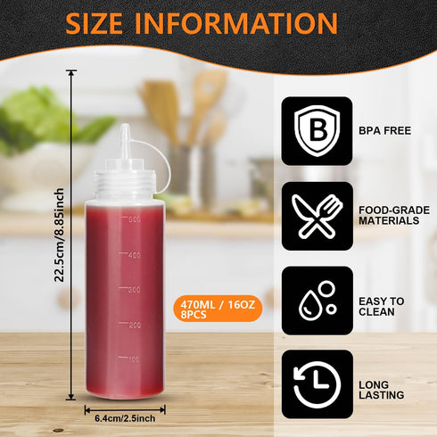 OAMCEG 16OZ Squeeze Bottles - 8 Pack Durable Plastic Condiment Bottles, Squirt Bottle with Discrete Measurements, for Ketchup, BBQ, Sauces, Syrup,...