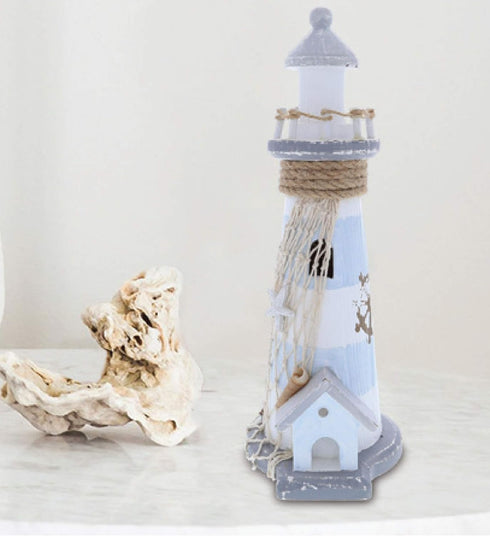CoTa Global Moonlight Wooden Lighthouse Decor - Handcrafted Nautical Decor Light House with Fish Net Decoration and Cool Ocean Ornament Shells, Wo...