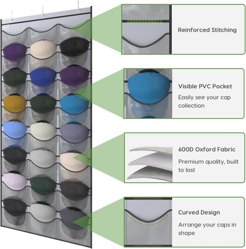 Unjumbly Baseball Hat Rack, 24 Pocket Over-The-Door Hat Organizer with Clear Deep Pockets to Display Baseball Caps Collection, Complete with 3 Ove...