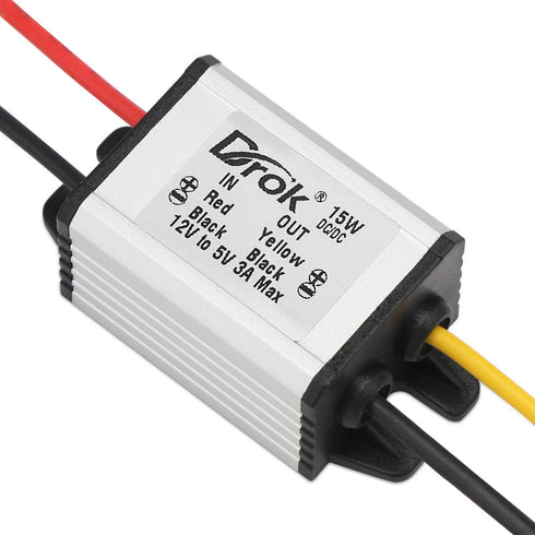 12v to 5v Converter, DROK DC Buck Volt Converter, DC-DC 6.3-22V to 5v 3A Car Power Supply Module, 15W Step-Down Volt Regulator Board (090600)...