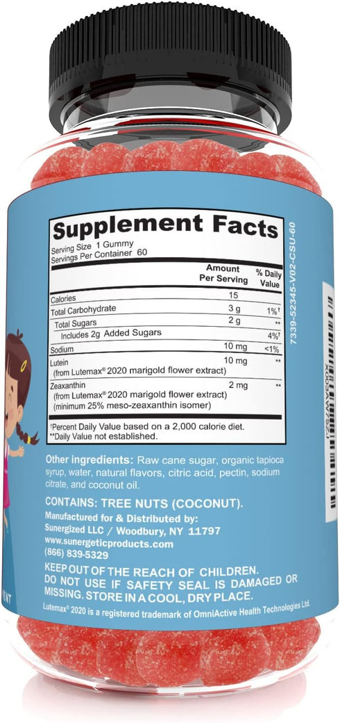 Sunergetic Premium Eye Support Gummies for Kids - Lutein with Zeaxanthin Supports Overall Eye Health, Vision & Macular Health - Lutein & Zeaxanthi...