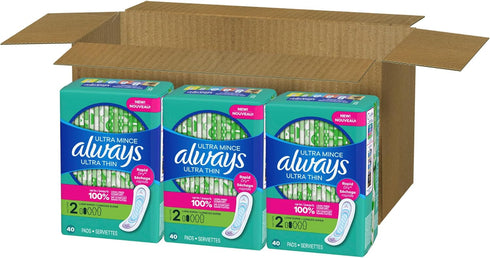 Always Ultra Thin Feminine Pads without Wings for Women, Size 2, Long Super Absorbency, Unscented, 40 Count x 3 Pack (120 Count total) (Packaging ...