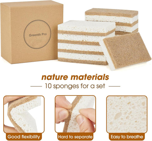 10 Pack Nature Dish Sponge - Natural Kitchen Sponge - Eco Friendly Coconut Fiber and Wood Cellulose Scrubber Sponge...