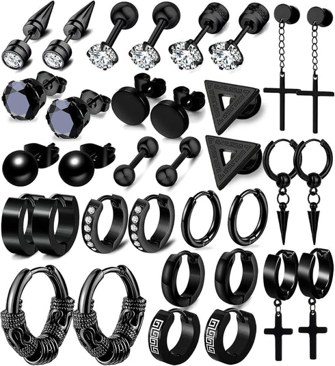 17 Pairs Earrings for Men, Stainless Steel Earrings For Men Sensitive Skin, Black Fashion Earring Piercing Jewelry Cross Dangle Hoop Earrings Kit ...