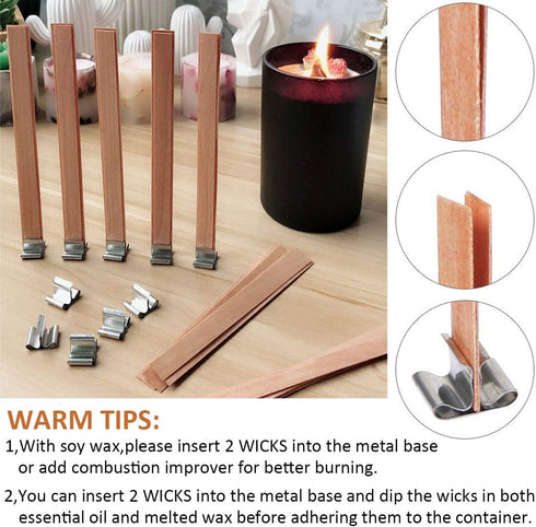 Simoda 100 PCS Wood Candle Wicks with Iron Stand Candle Cores Natural Environmental-Friendly Wick for Candle Making and Candle DIY Craft,5 inch...