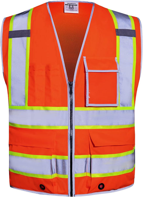 SKSAFETY 10 Pockets Safety Vest, Class 2 High Visibility Security with Zipper, Hi Vis Vest with Reflective Strips, ANSI/ISEA Standard, Constructio...
