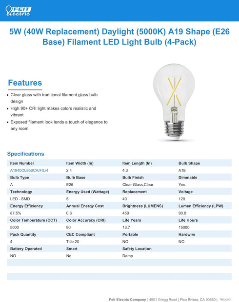 Feit Electric LED Clear A19 Medium Base Light Bulb - 40W Equivalent - 15 Year Life - 450 Lumen - 5000K Daylight - Dimmable | 4-Pack...