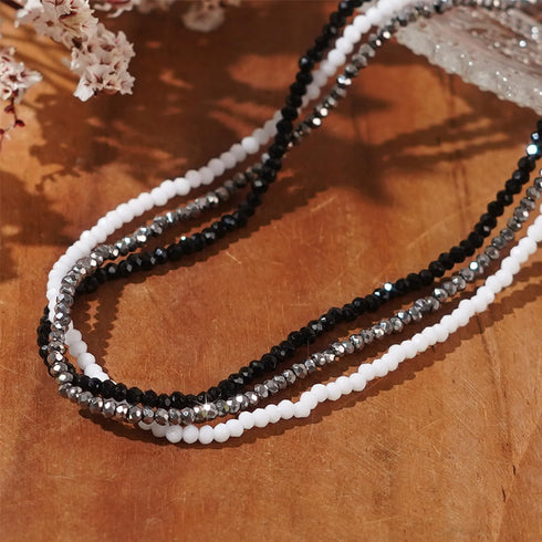 Black White Silver Gemstone Crystal Beaded Layered Choker Necklaces for Women, Dainty Y2k Handmade Triple Stone Beads Chain Twisted Necklace Beach...
