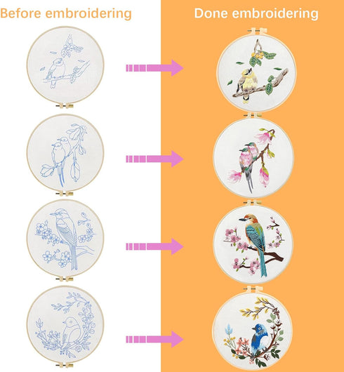 Embroidery Kit for Beginners 4 Sets, Hand DIY Cross Stitch Kits Include 4 Pack Floral and Hummingbird Patterns, 4 pcs Embroidery Hoops, Color Need...