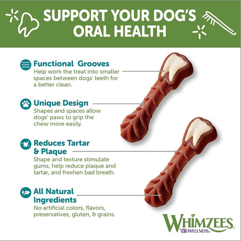 Whimzees Brushzees Dental Dog Treats for Medium Dogs (25-40 lbs), Bag of 7 Chews, Vegetable...
