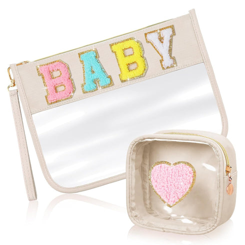 Hillban 2 Pcs Gifts Chenille Letter Bags Preppy Patch Makeup Bag Flat Clear Pouch PVC Organizer Purse Waterproof Travel Cosmetic Bag Portable Toil...