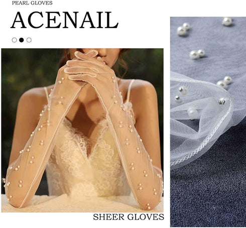 Pearl Women’s Wedding Gloves Long Tulle White Finger Lace 20s Opera Evening Party Sheer Gloves for Brides...