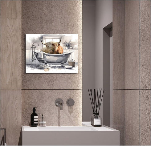 Rinsiken Highland Cow Wall Art in Bathtub Canvas Print - 12x16 inch Black and White Photo Bubble Funny Cattle Pictures Animal Painting Farmhouse A...