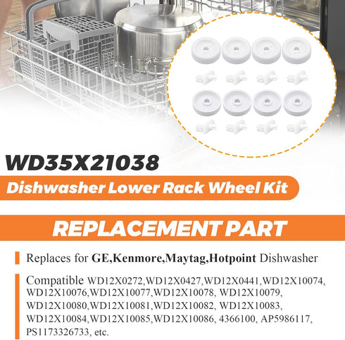 2023 Upgraded WD35X21038 Dishwasher Lower Rack Wheel Kit by Beaquicy - Replacement for G-E Ken-more May-tag Hot-point Dishwasher - Replaces WD12X10074 WD12X10076 WD12X0272 WD12X0427 - Pack of 8