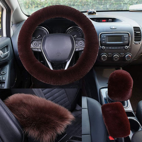 1 Set 4 Pcs Fluffy Steering Wheel Cover&Handbrake Cover&Gear Shift Cover&Fluffy Auto Center Console Cover Faux Wool Steering Wheel Covers for Wome...