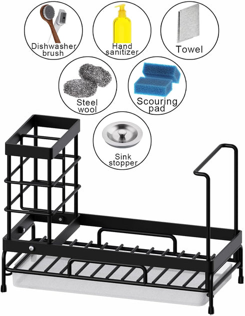 Kitchen Sink Organizer, Multifunctional Rustproof Sponge Holder Sink Organizer with Drain Tray & High Brush Holder & Dish Cloth Hanger, Kitchen Si...