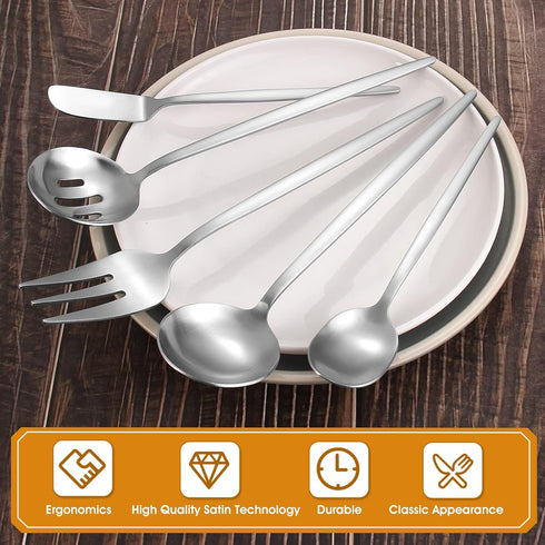 Matte Serving Silverware Set, 5-Piece Round Shared Utensils Set of Stainless Steel, Hostess Flatware Serving Set, Satin Finish, Dishwasher Safe...