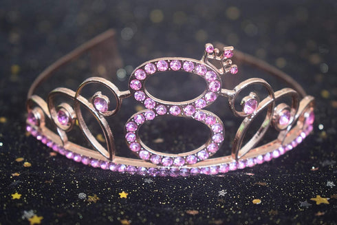 8th Pink Birthday Tiara and Sash Happy 8th Birthday Party Supplies 8th Birthday Glitter Satin Sash and Crystal Tiara Princess Birthday Crown for G...
