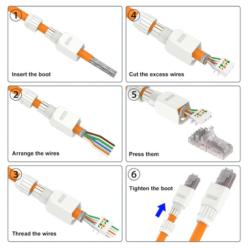 VCELINK Tool-Free RJ45 Connector, CAT6A Field Termination Plug, Gold Plated Modular Plug, UTP CAT6A Connector Tool Less for CAT6A, CAT6 Network Ca...