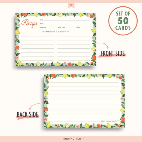 Lemon & Peach Recipe Cards 4" x 6" Recipe Cards- Thick Premium Card Stock With Kraft Paper Look | Ideal For Recipe Box Or Binder | Lots Of Space &...