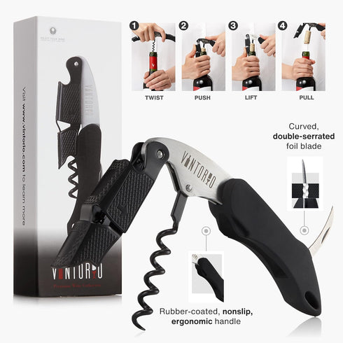 Vintorio Professional Waiters Corkscrew - Wine Key with Ergonomic Rubber Grip, Beer Bottle Opener and Foil Cutter (1 Pack)...