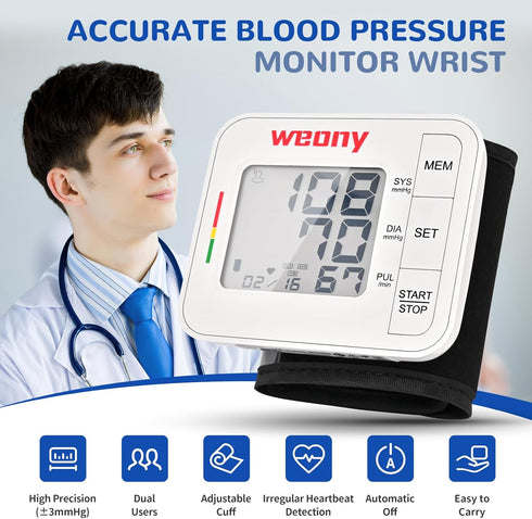 Portable Blood Pressure Monitor Wrist, Adjustable Wrist Blood Pressure Cuff 5.3-8.5in, BP Monitor Large LCD, 2x90 Memory, Blood Pressure Monitors ...