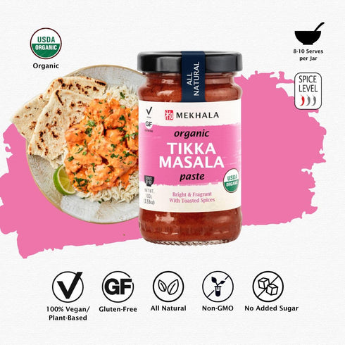 Mekhala Tikka Masala Indian Cooking Paste. Versatile sauce, marinade, cooking paste. Medium spice ORGANIC VEGAN GLUTEN-FREE NO ADDED SUGAR 3.53oz...