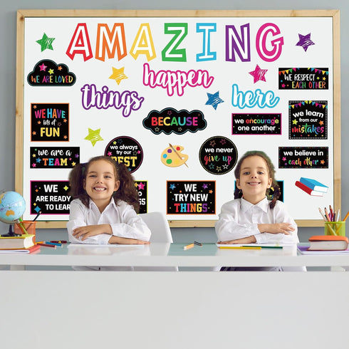 41Pcs Motivational Bulletin Board Decoration Amazing Things Happen Here Paper Cutouts with 100Pcs Glue Points Bulletin Border Stickers for Classro...