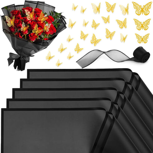 ROADPLUM 20 Sheet Black Flower Wrapping Paper, Bouquet Wrapping Paper with 12 Butterflies and 1 Ribbon for Diy Bouquet, Flower Paper Wrap Kit for ...