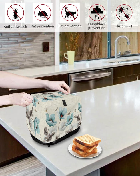 2 Slice Toaster Cover, Bread Machine Cover Retro Turquoise Flowers Butterfly Dragonfly Country Style Kitchen Appliance Dust Cover Top Handle Finge...